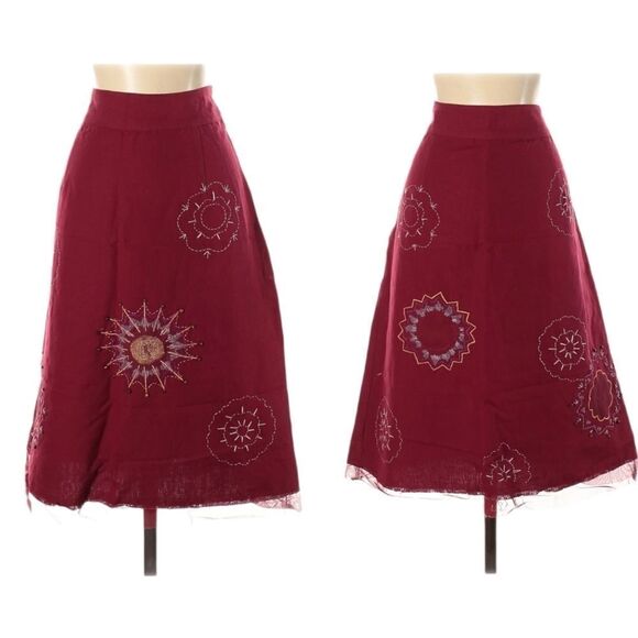 OLO Linen Embroidered Raw Hem Midi Skirt 8 - Picture 1 of 7